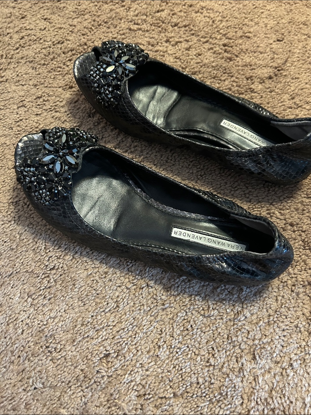 Vera Wang Lavender Label Black Jeweled Snake-Print Flats